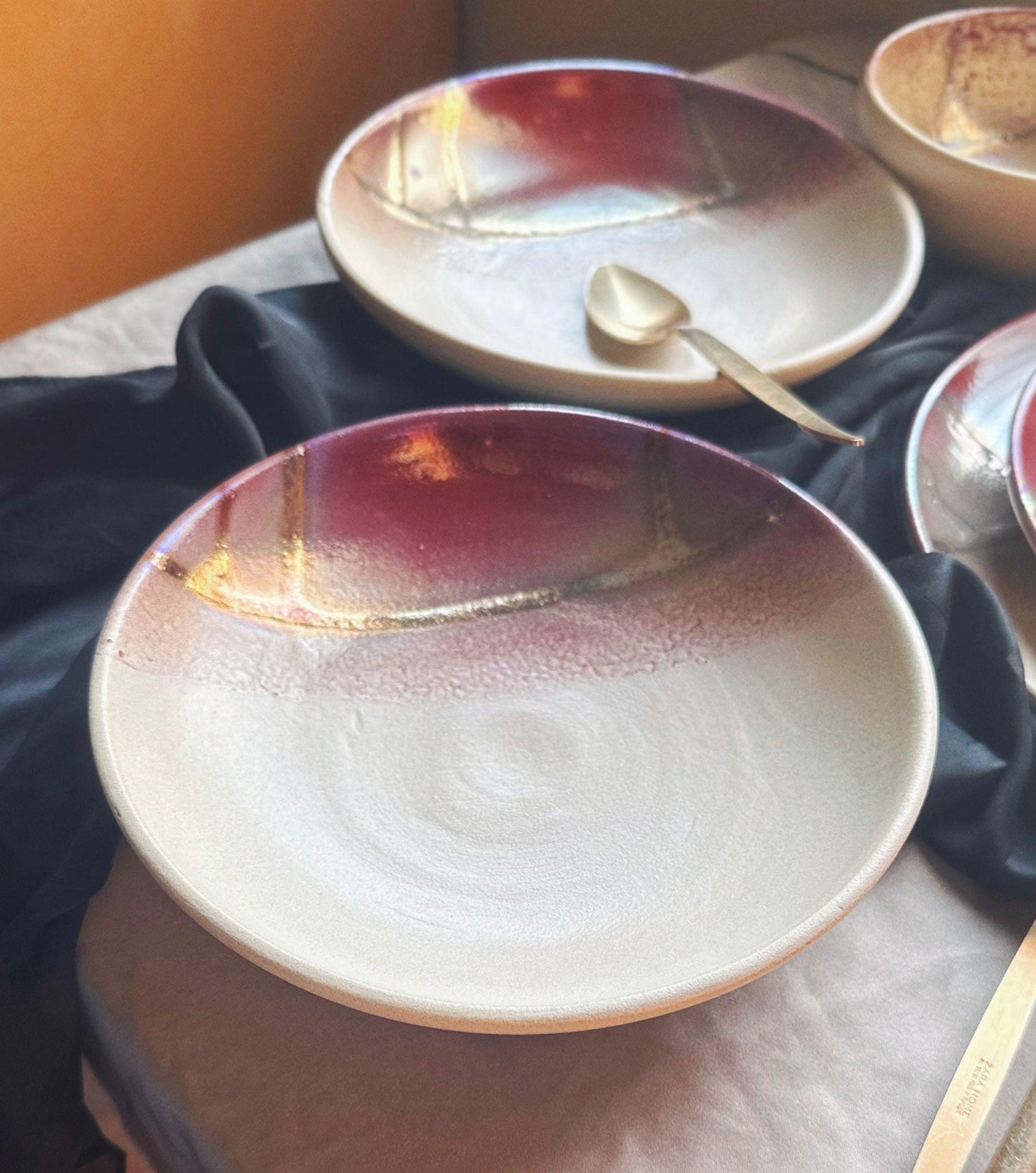 Burgundy, Pink, Violet, Gold & Beige Earthenware Pasta Bowl Set | Handcrafted Artisan | Microwave, Dishwasher-Safe Ceramic Tableware