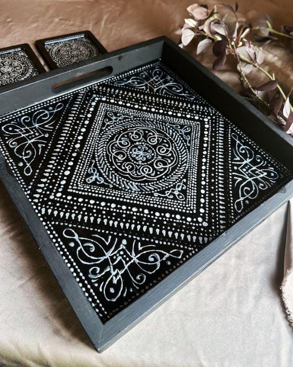 Black & Silver Tray and Coaster Set | Middle Eastern/Arabic Design | in a Wooden Frame | Stencil Paste Relief | Artisanal Home Decor