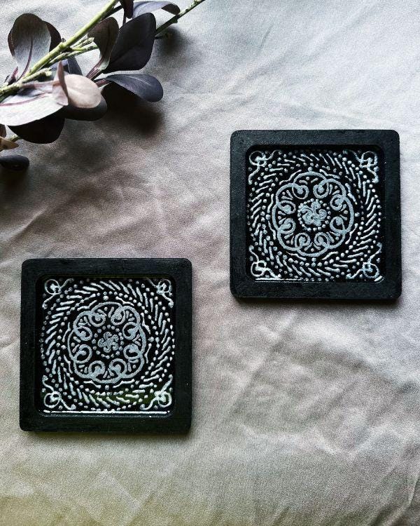 Black & Silver Tray and Coaster Set | Middle Eastern/Arabic Design | in a Wooden Frame | Stencil Paste Relief | Artisanal Home Decor