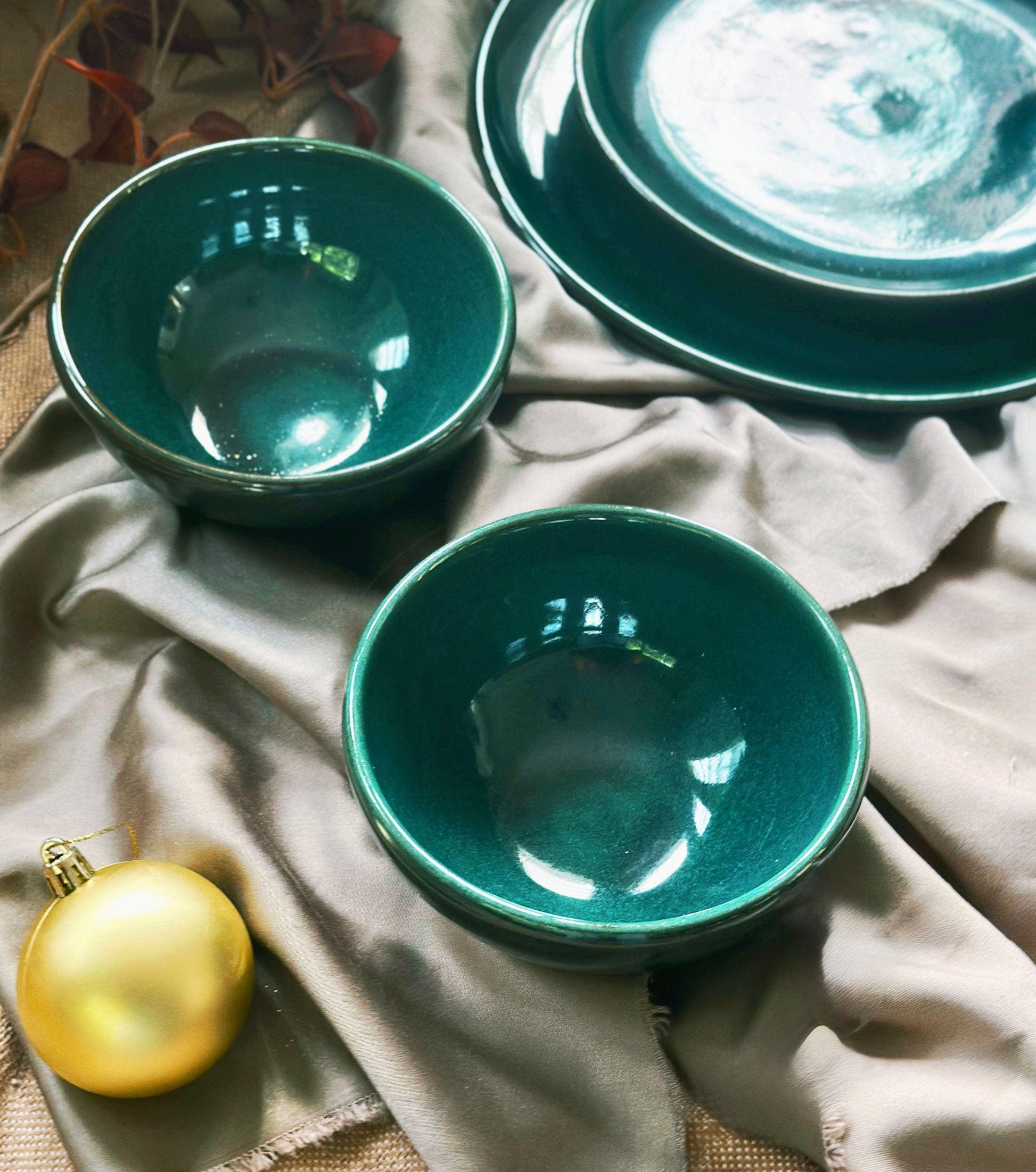 Green-Teal Plates & Bowls Dinner Sets | with Hints of Turquoise | Artisan Festive Handmade Dinnerware | Dishwasher-Microwave Safe