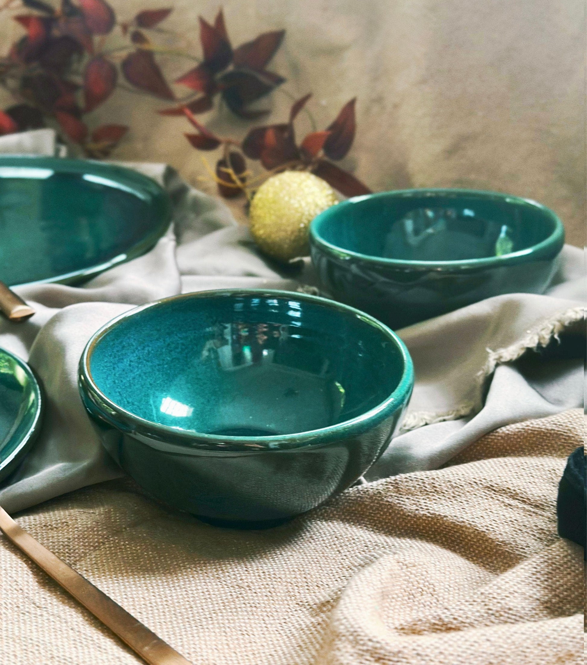 Green-Teal Plates & Bowls Dinner Sets | with Hints of Turquoise | Artisan Festive Handmade Dinnerware | Dishwasher-Microwave Safe