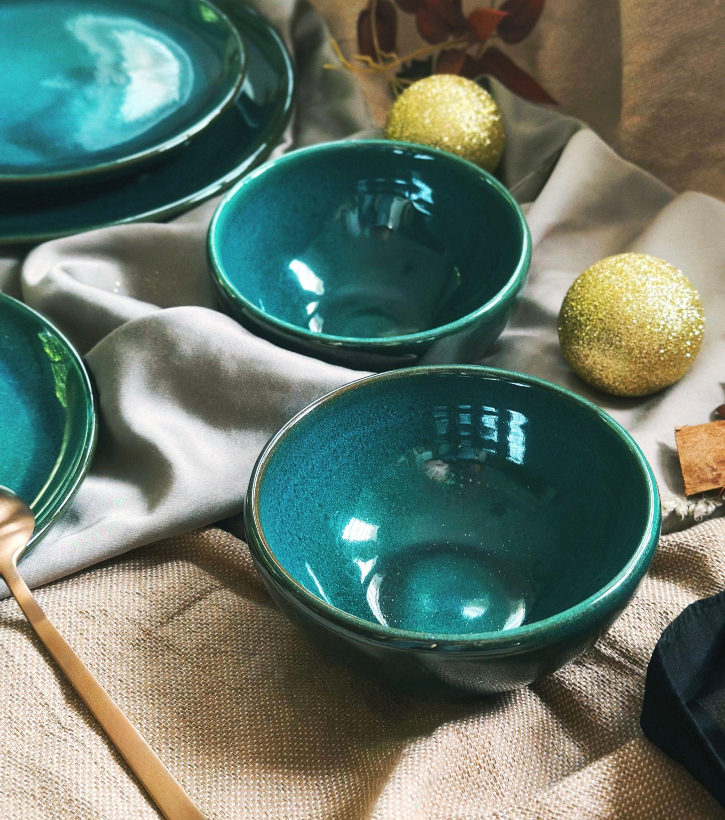 Green-Teal Plates & Bowls Dinner Sets | with Hints of Turquoise | Artisan Festive Handmade Dinnerware | Dishwasher-Microwave Safe