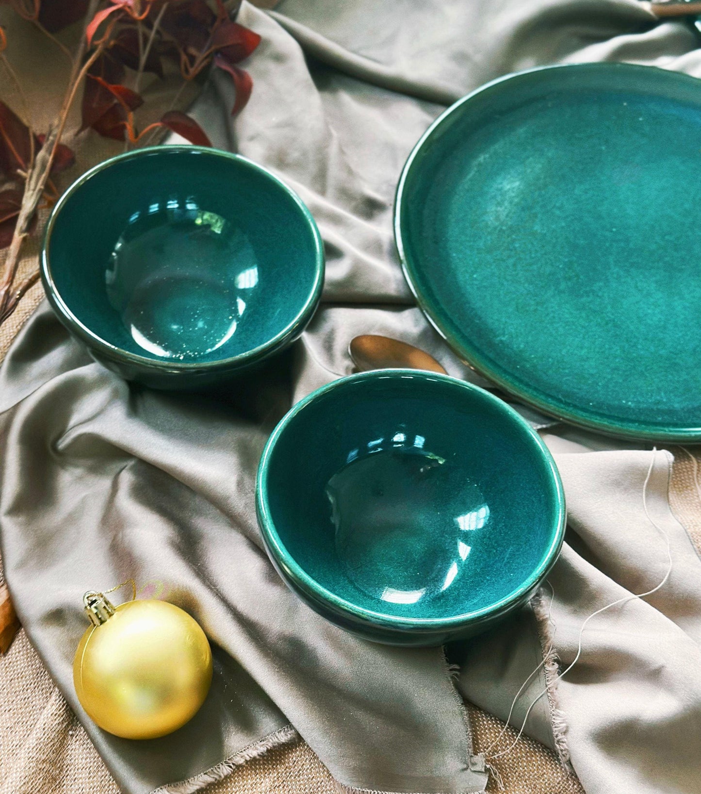 Green Bowls Set | | with Hints of Turquoise | Artisan Festive Handmade Dinnerware | Dishwasher-Microwave Safe