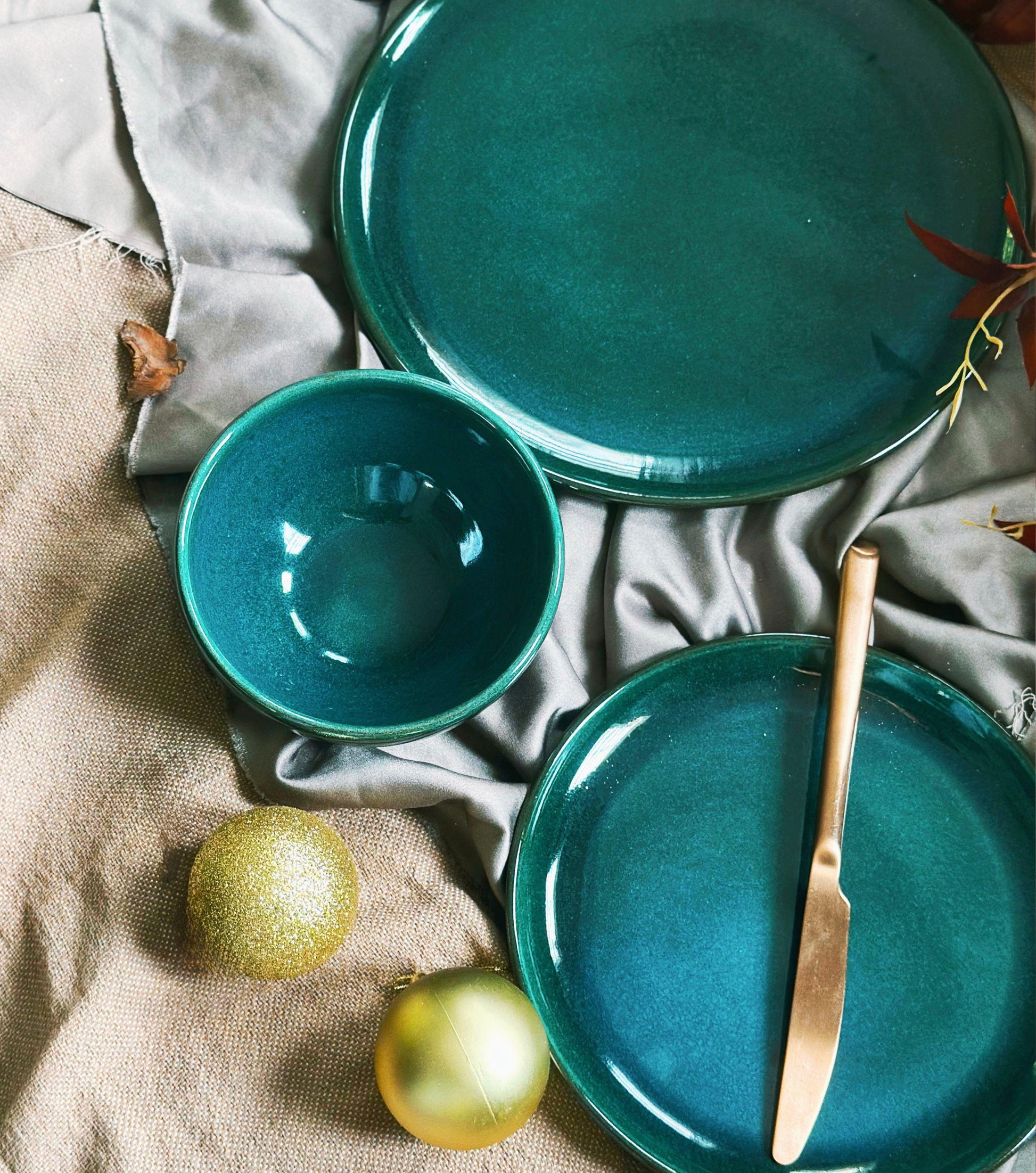 Green Bowls Set | | with Hints of Turquoise | Artisan Festive Handmade Dinnerware | Dishwasher-Microwave Safe