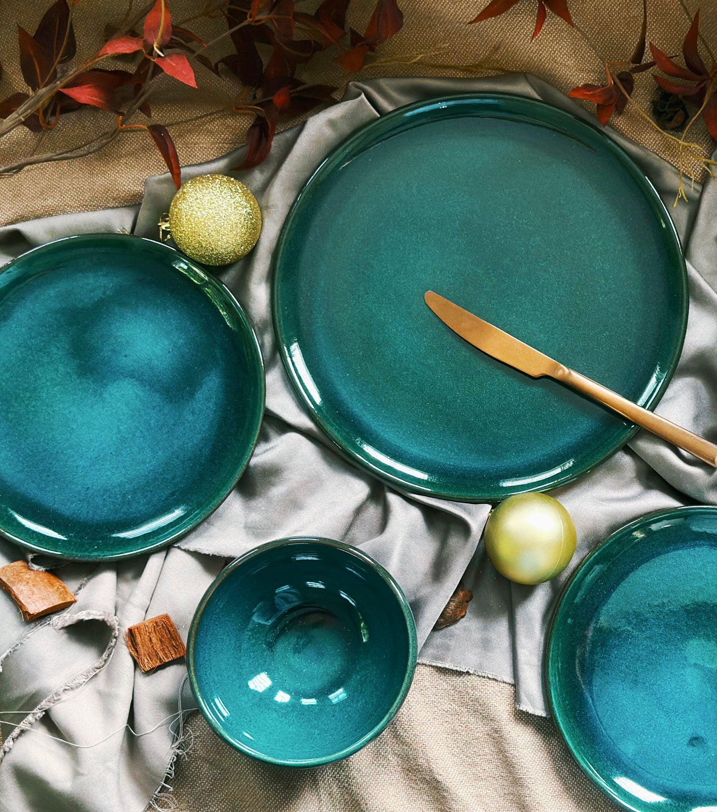 Green Bowls Set | | with Hints of Turquoise | Artisan Festive Handmade Dinnerware | Dishwasher-Microwave Safe