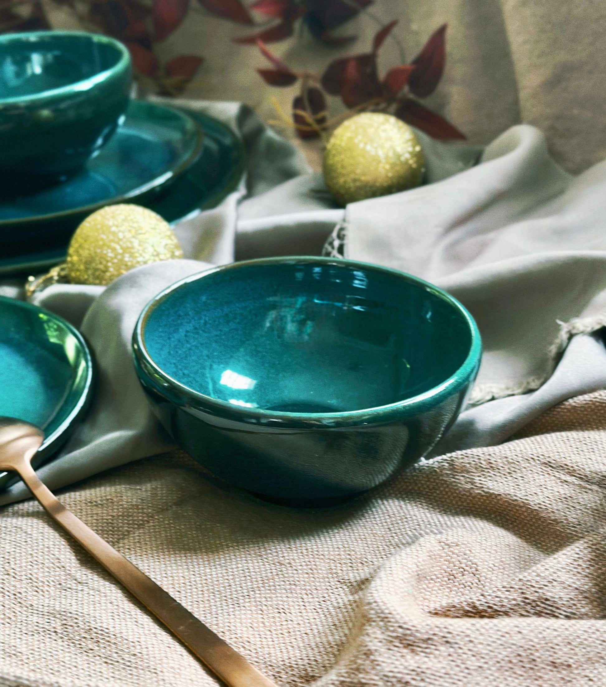 Green Bowls Set | | with Hints of Turquoise | Artisan Festive Handmade Dinnerware | Dishwasher-Microwave Safe