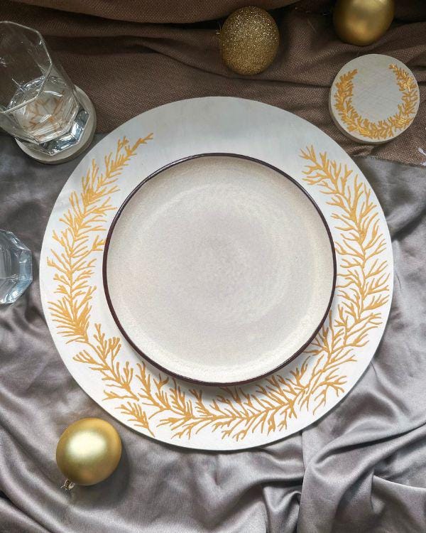 Gold & Off-White Handcrafted Wooden Placemat | with Relief Stencil Design | Elegant Dining Decor for Hot Items or Individual Use