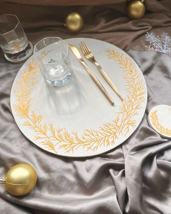 Gold & Off-White Handcrafted Wooden Placemat | with Relief Stencil Design | Elegant Dining Decor for Hot Items or Individual Use