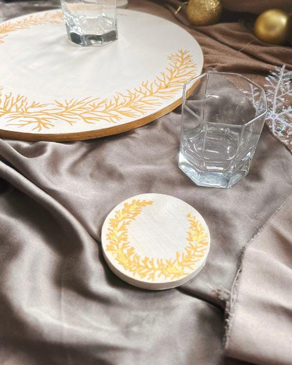 Gold & Off-White Handcrafted Wooden Placemat | with Relief Stencil Design | Elegant Dining Decor for Hot Items or Individual Use