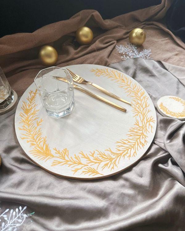 Gold & Off-White Handcrafted Wooden Placemat | with Relief Stencil Design | Elegant Dining Decor for Hot Items or Individual Use