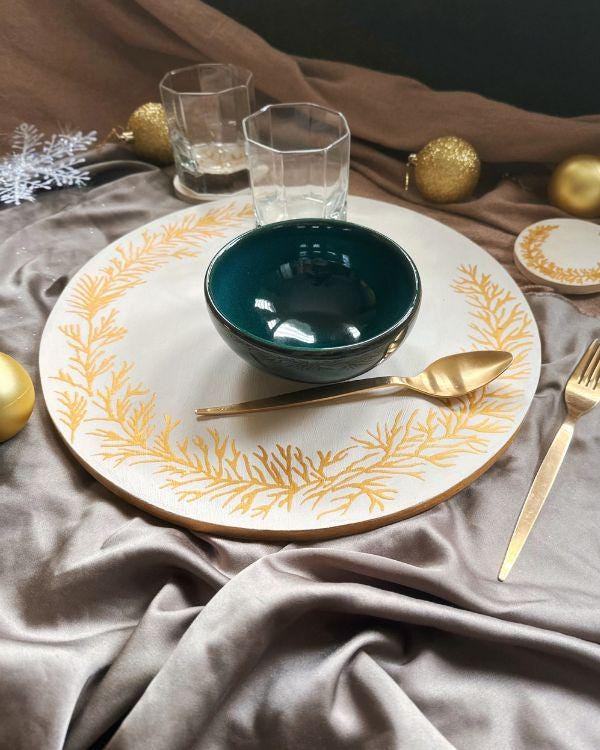 Gold & Off-White Handcrafted Wooden Placemat | with Relief Stencil Design | Elegant Dining Decor for Hot Items or Individual Use