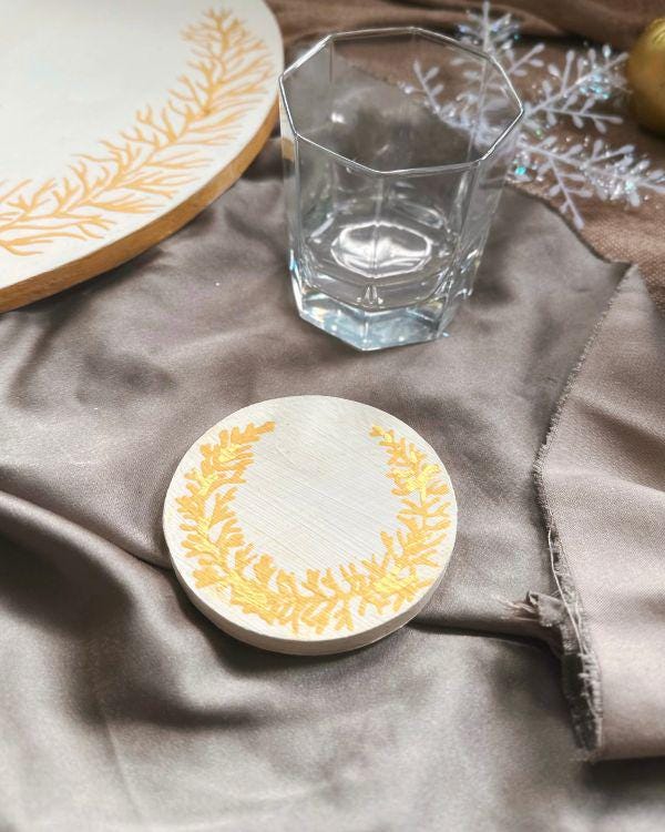 Gold & Off-White Handcrafted Wooden Placemat | with Relief Stencil Design | Elegant Dining Decor for Hot Items or Individual Use