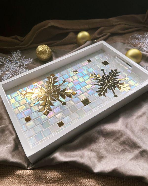 Festive Mosaic Tray with Gold and Shimmering Pearl White Design | in a White Wooden Frame and Handle | Artisan-Made