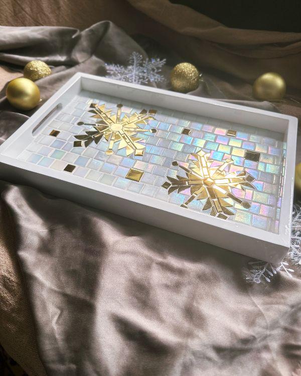 Festive Mosaic Tray with Gold and Shimmering Pearl White Design | in a White Wooden Frame and Handle | Artisan-Made