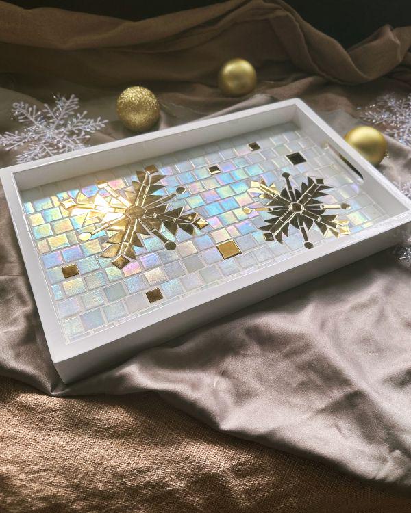 Festive Mosaic Tray with Gold and Shimmering Pearl White Design | in a White Wooden Frame and Handle | Artisan-Made