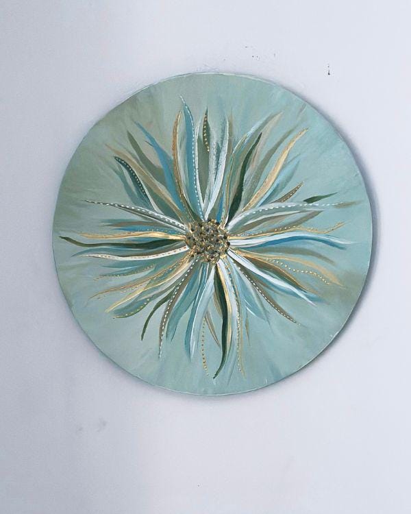 Floral Art Decorative Plate | Aqua Blue, Gold & Off-White | Relief Art with Stencil Paste | Handmade Artisan Home Decor | With Wall Hanger