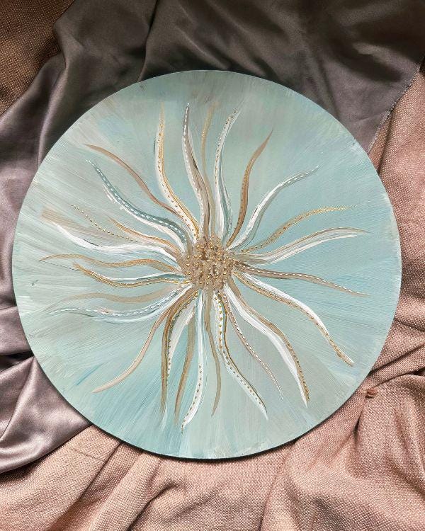 Floral Art Decorative Plate | Aqua Blue, Gold & Off-White | Relief Art with Stencil Paste | Handmade Artisan Home Decor | With Wall Hanger