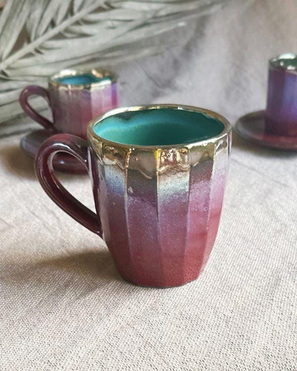 Violet & Burgundy Mug with Metallic Gold Rim | Dishwasher and microwave-safe | Artisan Handmade | For coffee, latte, cappuccino, tea, herbs