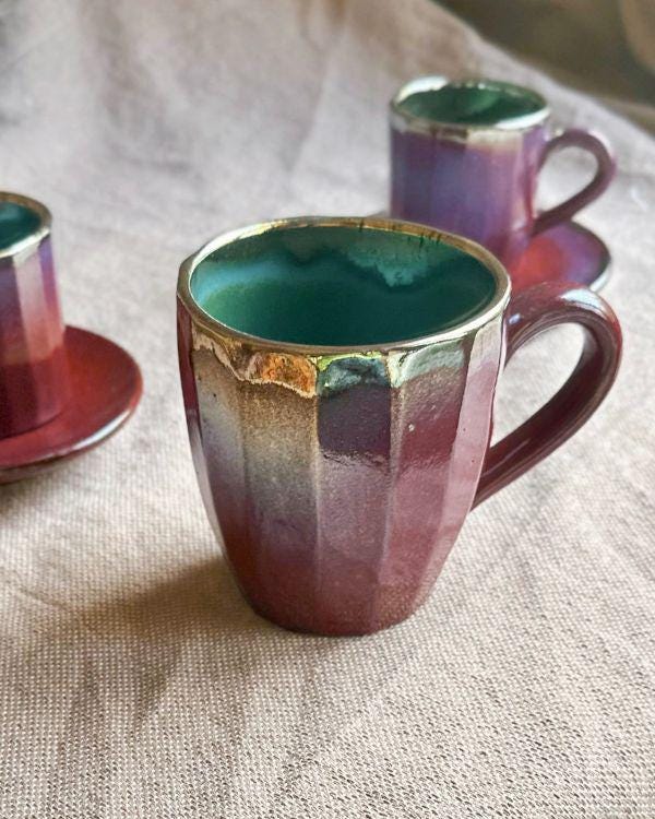 Violet & Burgundy Mug with Metallic Gold Rim | Dishwasher and microwave-safe | Artisan Handmade | For coffee, latte, cappuccino, tea, herbs