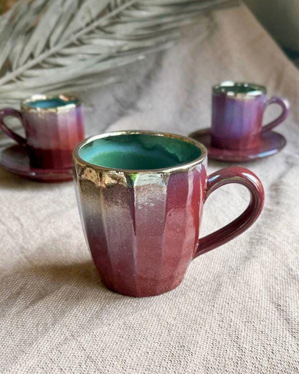 Violet & Burgundy Mug with Metallic Gold Rim | Dishwasher and microwave-safe | Artisan Handmade | For coffee, latte, cappuccino, tea, herbs