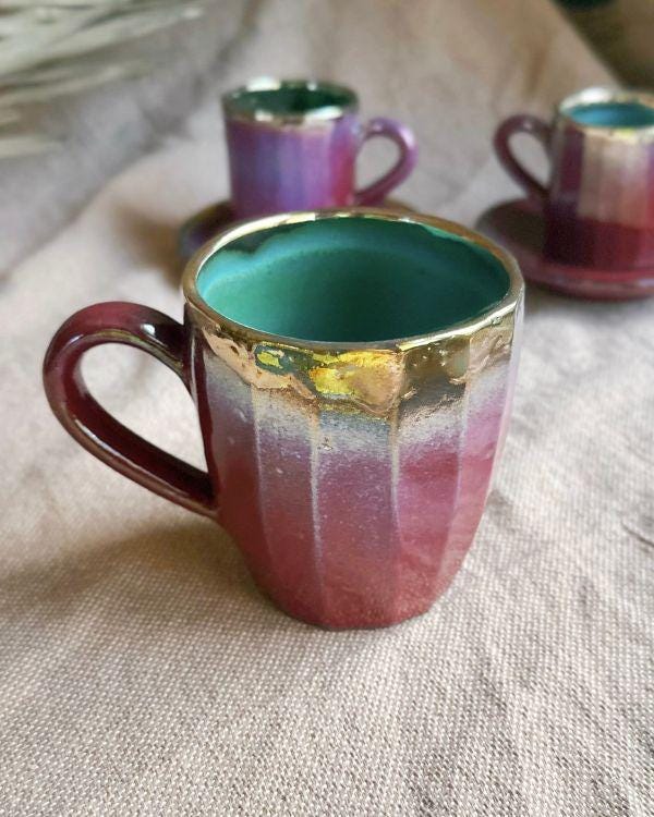 Violet & Burgundy Mug with Metallic Gold Rim | Dishwasher and microwave-safe | Artisan Handmade | For coffee, latte, cappuccino, tea, herbs