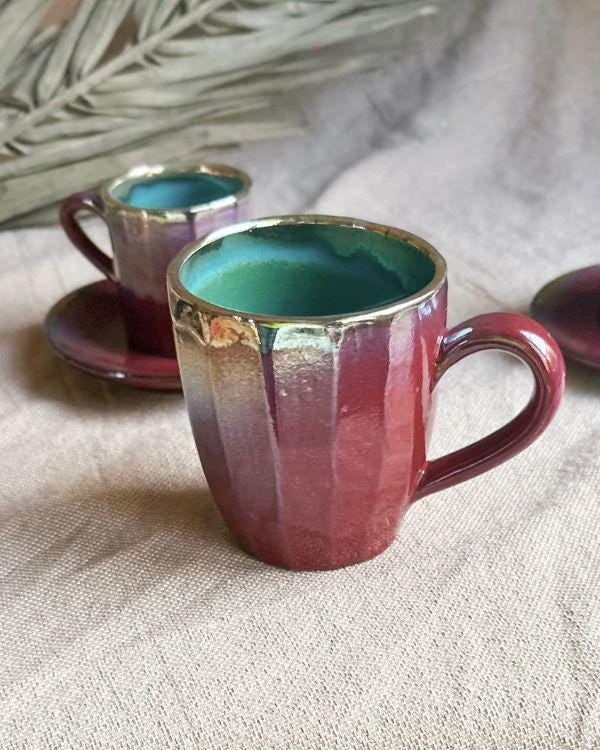 Violet & Burgundy Mug with Metallic Gold Rim | Dishwasher and microwave-safe | Artisan Handmade | For coffee, latte, cappuccino, tea, herbs