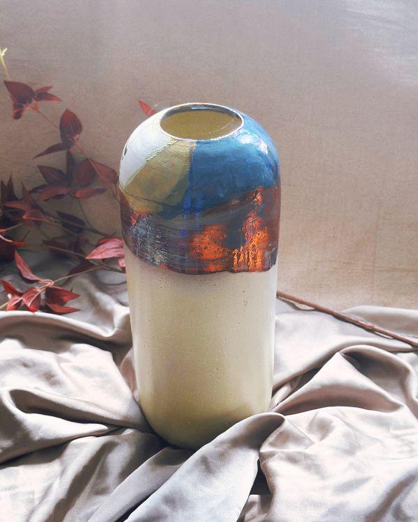 Artisan Vase | Beige with Multi-Color Abstract Art & Brush Strokes | Handmade Home and Garden Decor