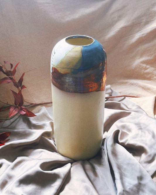 Artisan Vase | Beige with Multi-Color Abstract Art & Brush Strokes | Handmade Home and Garden Decor