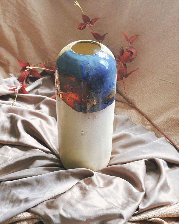 Artisan Vase | Beige with Multi-Color Abstract Art & Brush Strokes | Handmade Home and Garden Decor