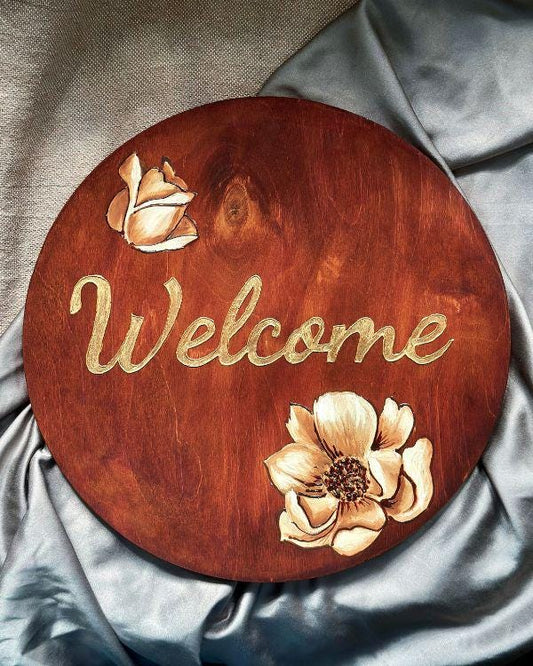 Handcrafted Wooden Welcome Sign Plate with Floral Design – Rustic Home Decor | With Wall Hanger