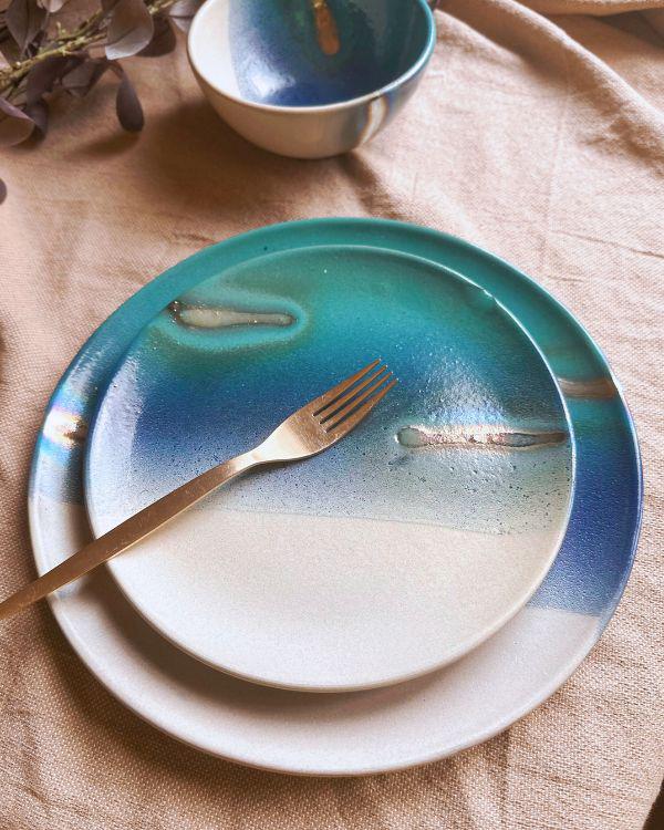 Unique Dinner Set | Ceramic Tableware with Gold Accents, Blue, Turquoise, Teal & Off-white | 3-piece Place Settings | Artisan-made