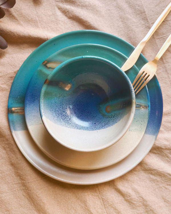 Unique Dinner Set | Ceramic Tableware with Gold Accents, Blue, Turquoise, Teal & Off-white | 3-piece Place Settings | Artisan-made