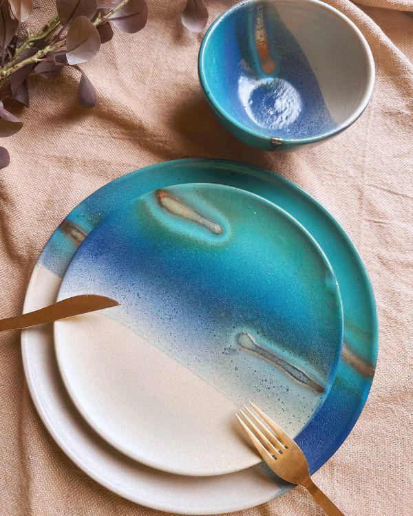 Unique Dinner Set | Ceramic Tableware with Gold Accents, Blue, Turquoise, Teal & Off-white | 3-piece Place Settings | Artisan-made