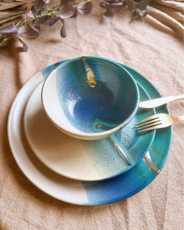 Unique Dinner Set | Ceramic Tableware with Gold Accents, Blue, Turquoise, Teal & Off-white | 3-piece Place Settings | Artisan-made