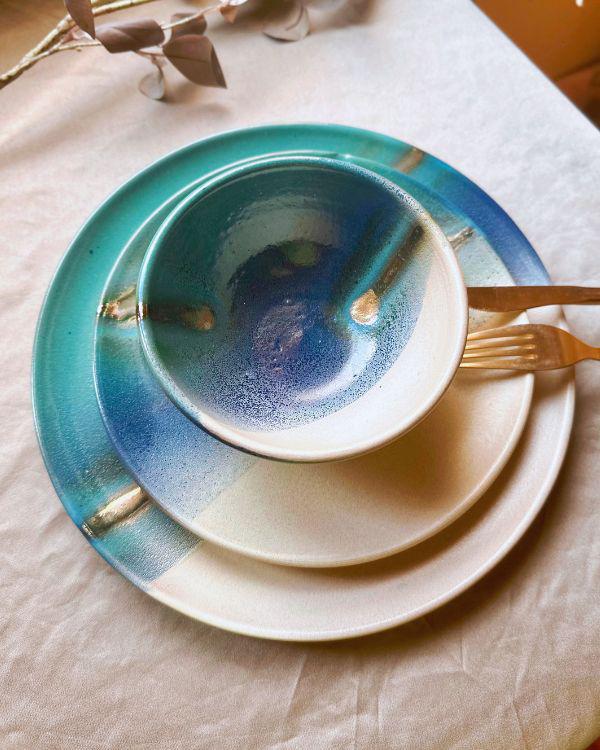 Unique Dinner Set | Ceramic Tableware with Gold Accents, Blue, Turquoise, Teal & Off-white | 3-piece Place Settings | Artisan-made