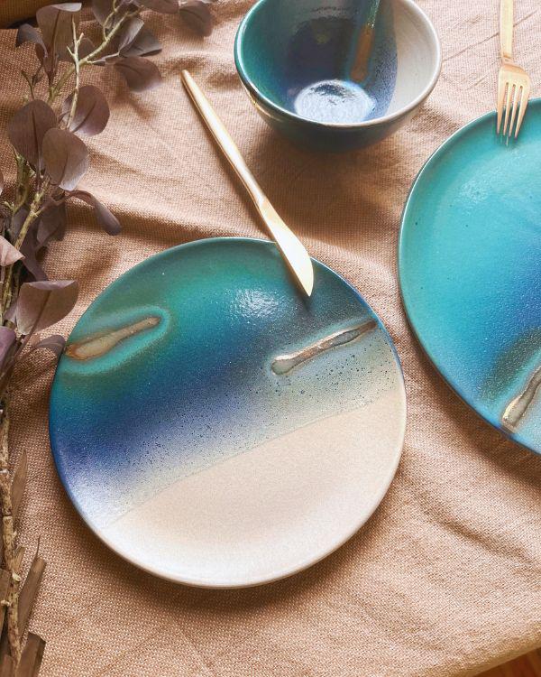 Unique Dinner Set | Ceramic Tableware with Gold Accents, Blue, Turquoise, Teal & Off-white | 3-piece Place Settings | Artisan-made