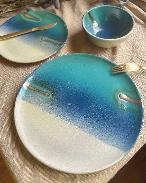 Unique Dinner Set | Ceramic Tableware with Gold Accents, Blue, Turquoise, Teal & Off-white | 3-piece Place Settings | Artisan-made