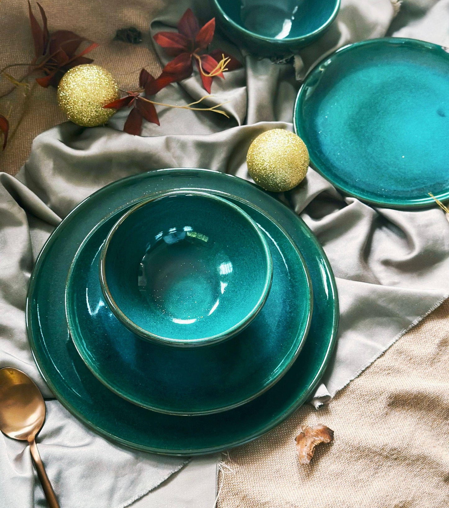 Green-Teal Plates & Bowls Dinner Sets | with Hints of Turquoise | Artisan Festive Handmade Dinnerware | Dishwasher-Microwave Safe