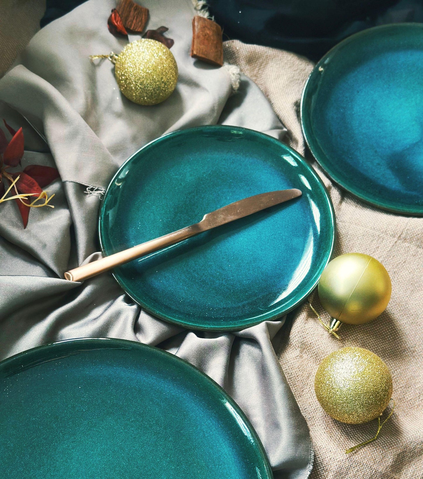 Green-Teal Plates & Bowls Dinner Sets | with Hints of Turquoise | Artisan Festive Handmade Dinnerware | Dishwasher-Microwave Safe