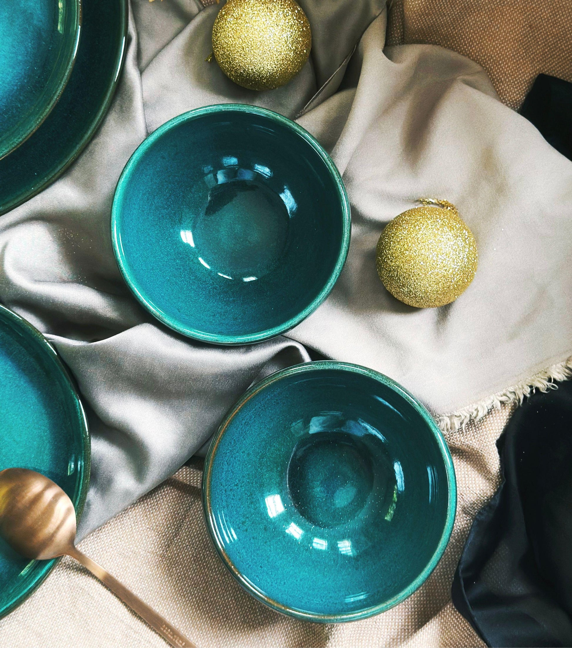 Green Bowls Set | | with Hints of Turquoise | Artisan Festive Handmade Dinnerware | Dishwasher-Microwave Safe