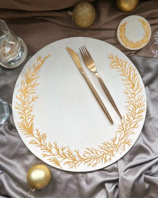 Gold & Off-White Handcrafted Wooden Placemat | with Relief Stencil Design | Elegant Dining Decor for Hot Items or Individual Use