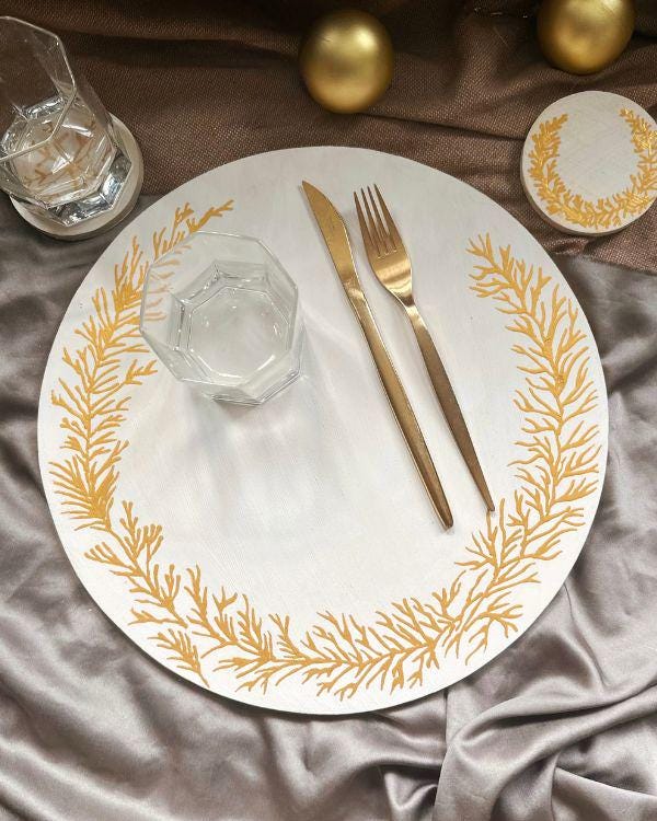 Gold & Off-White Handcrafted Wooden Placemat | with Relief Stencil Design | Elegant Dining Decor for Hot Items or Individual Use