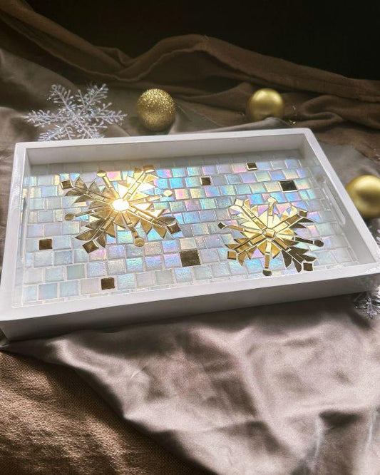 Festive Mosaic Tray with Gold and Shimmering Pearl White Design | in a White Wooden Frame and Handle | Artisan-Made