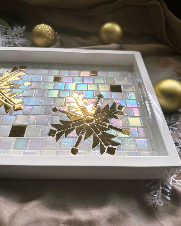 Festive Mosaic Tray with Gold and Shimmering Pearl White Design | in a White Wooden Frame and Handle | Artisan-Made