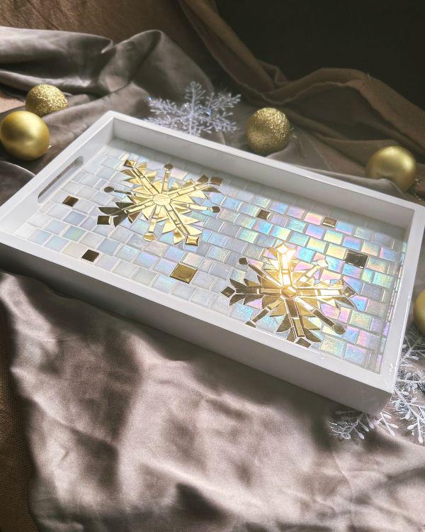 Festive Mosaic Tray with Gold and Shimmering Pearl White Design | in a White Wooden Frame and Handle | Artisan-Made