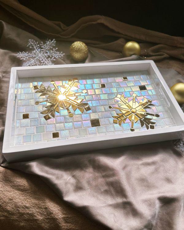 Festive Mosaic Tray with Gold and Shimmering Pearl White Design | in a White Wooden Frame and Handle | Artisan-Made