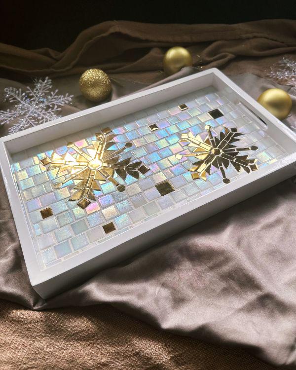 Festive Mosaic Tray with Gold and Shimmering Pearl White Design | in a White Wooden Frame and Handle | Artisan-Made