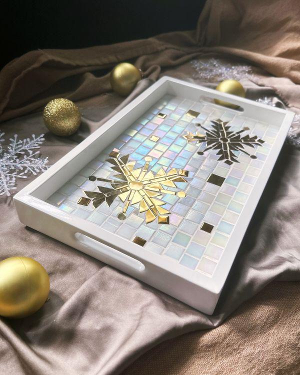 Festive Mosaic Tray with Gold and Shimmering Pearl White Design | in a White Wooden Frame and Handle | Artisan-Made