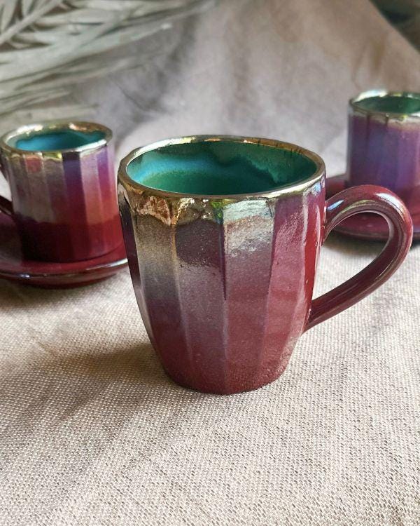 Violet & Burgundy Mug with Metallic Gold Rim | Dishwasher and microwave-safe | Artisan Handmade | For coffee, latte, cappuccino, tea, herbs