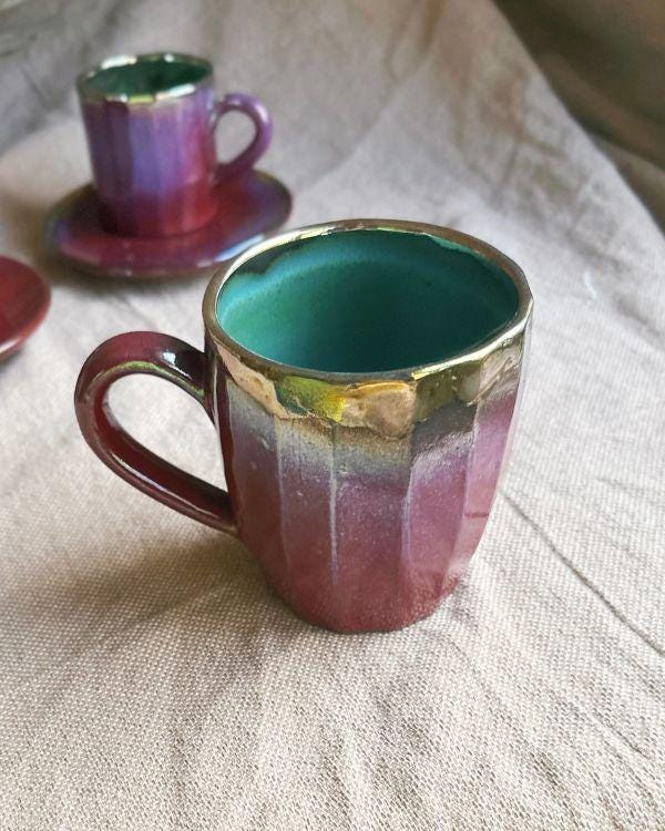 Violet & Burgundy Mug with Metallic Gold Rim | Dishwasher and microwave-safe | Artisan Handmade | For coffee, latte, cappuccino, tea, herbs